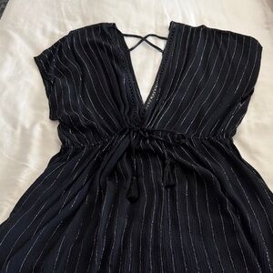Black V-Neck Striped Romper with Waist Tie 
Swim Coverup